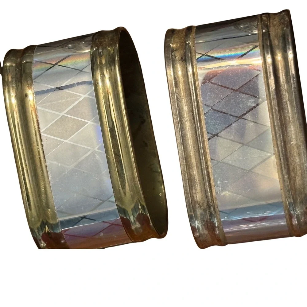 Vintage Iridescent Silver Tone Napkin Rings‎ Set of 6 Diamond Harlequin Oval MCM
